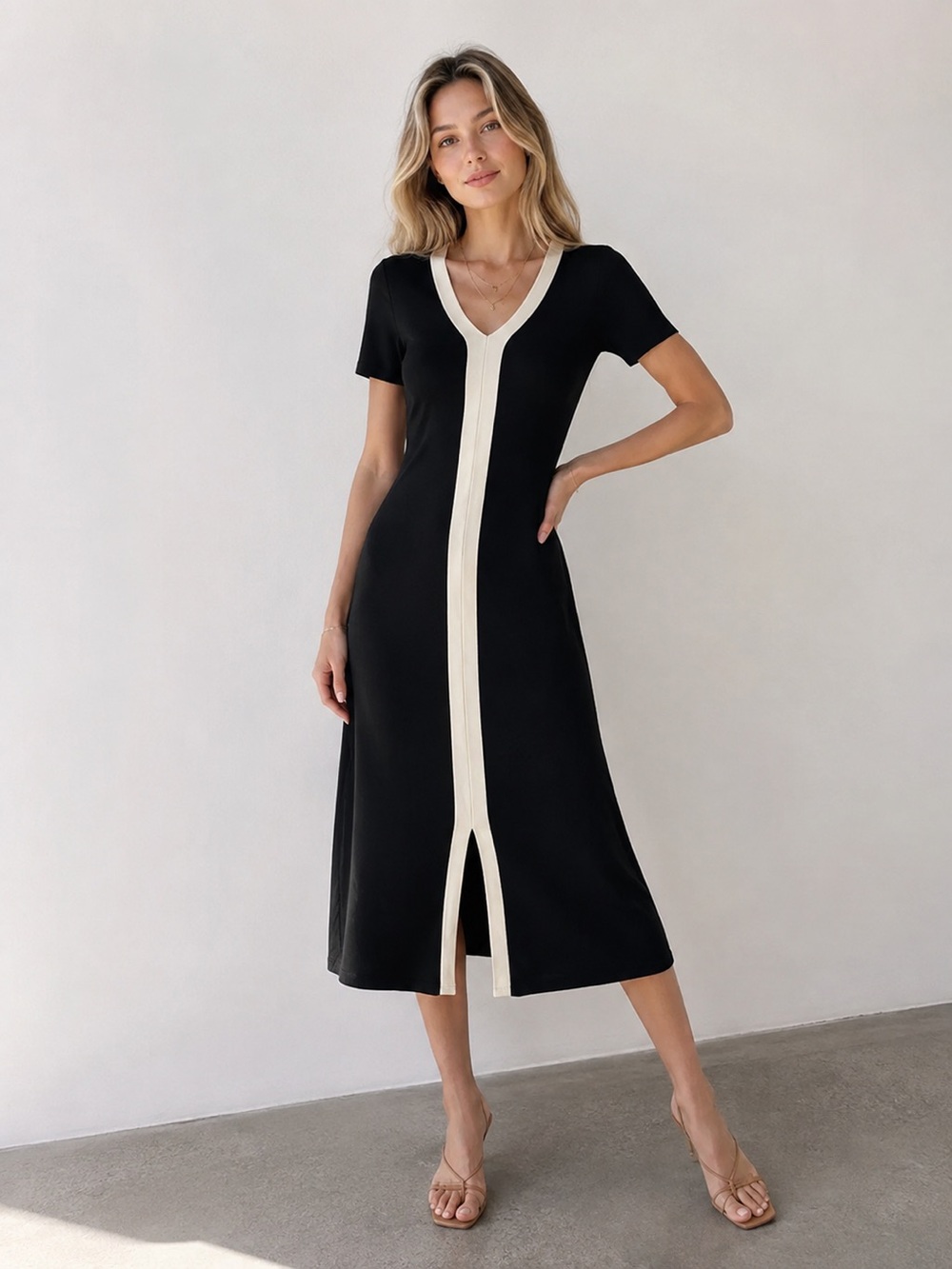COMMENSE Black Midi Dress with Ivory Front Trim